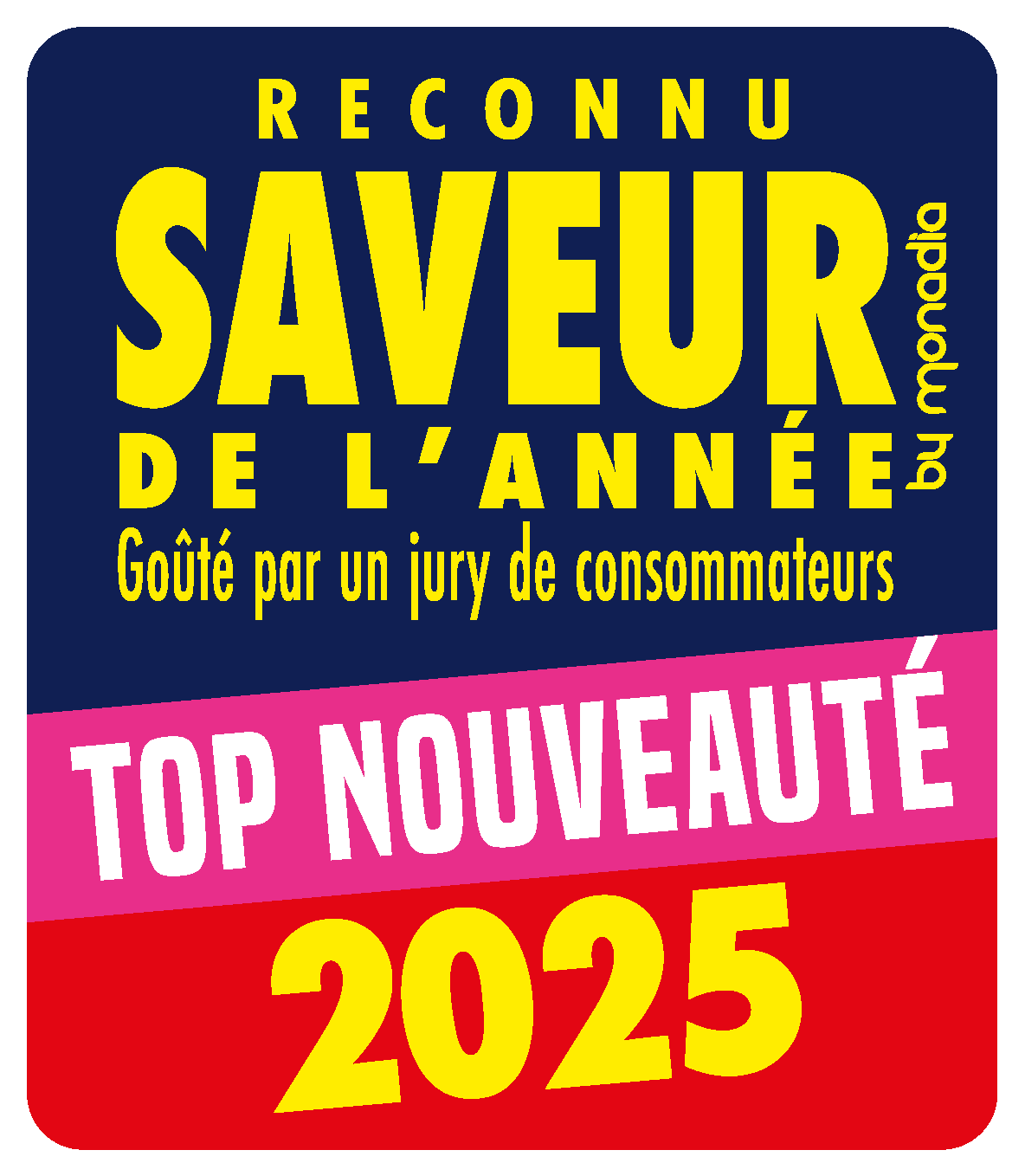 Logo de la récompense Saveur de l’Année Top Nouveauté 2025, attribuée aux raviolis jiaozi de BaoClub pour leur excellence culinaire.
