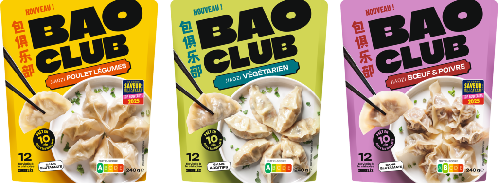 Bannière présentant la gamme complète des raviolis jiaozi BaoClub : végétarien, bœuf & poivre, poulet & légumes.