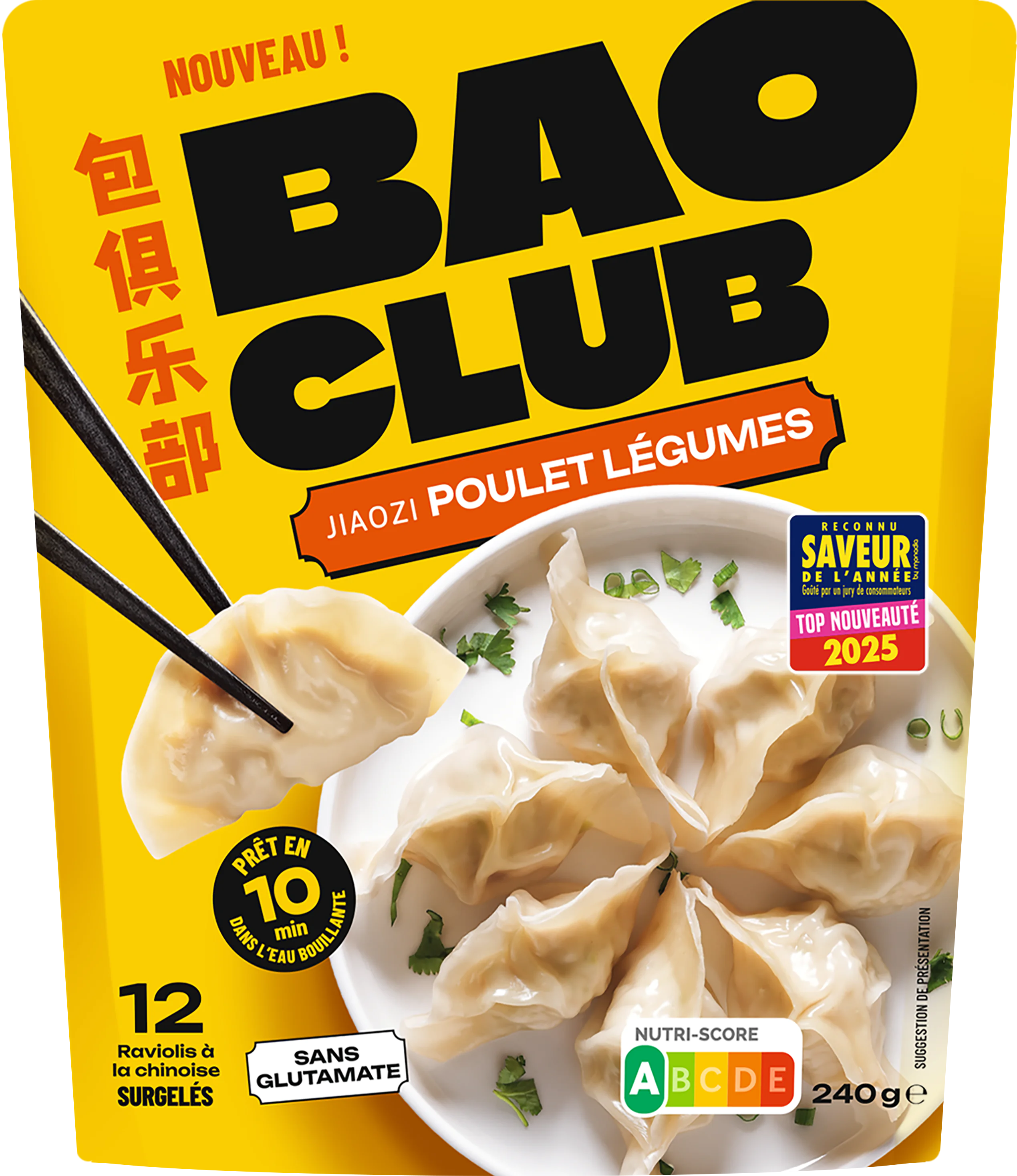 Packshot du produit BaoClub Poulet et Légumes, illustrant des raviolis jiaozi au poulet et légumes de la cuisine traditionnelle chinoise.