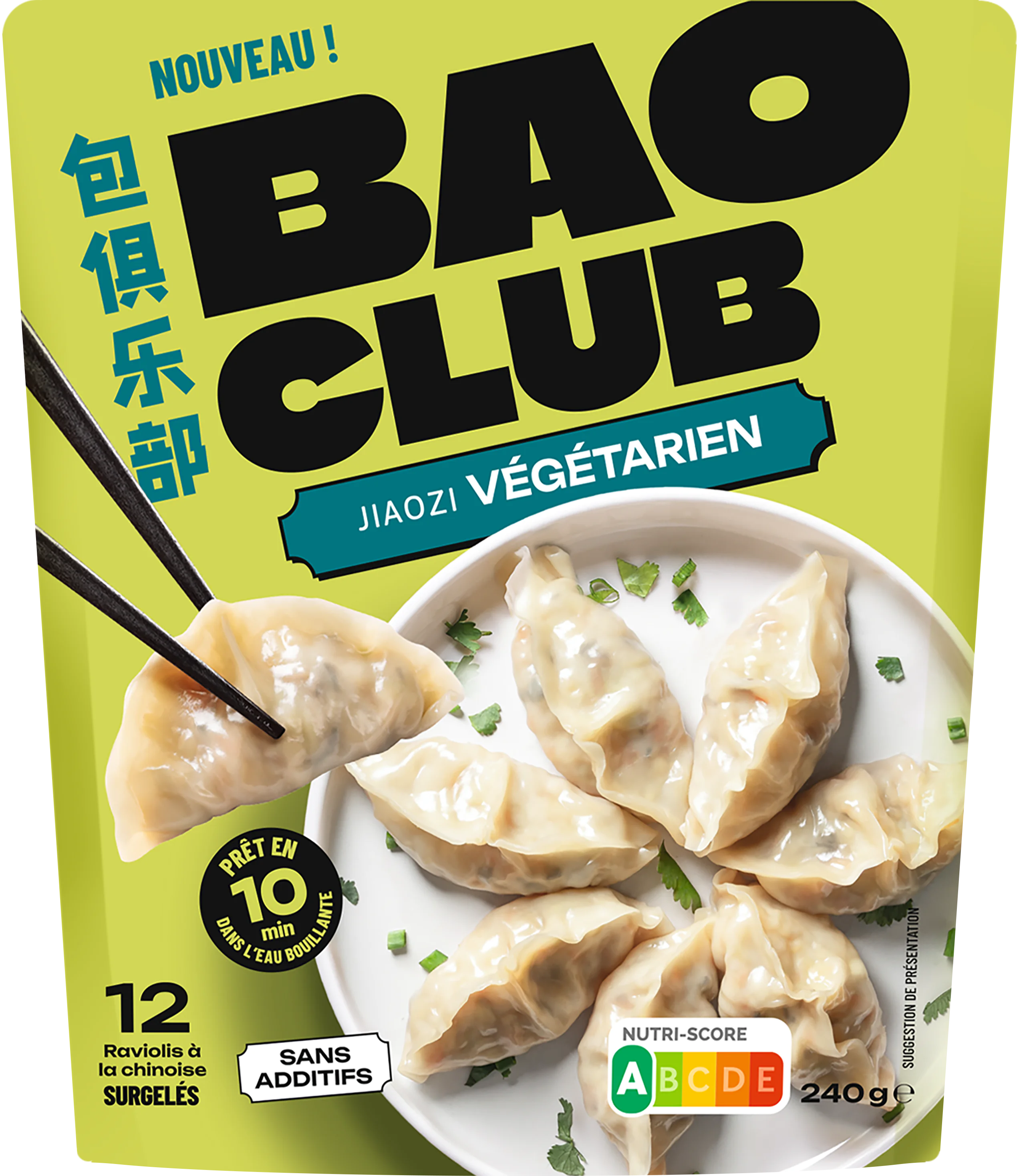 Packshot du produit BaoClub Végétarien, mettant en avant des raviolis jiaozi végétariens issus de la cuisine traditionnelle chinoise.